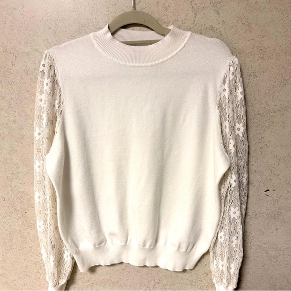 NANETTE LEPORE XL WOMENS WHITE GOLD EMBROIDERED FLOWERS LIGHTWEIGHT SWEATER - Picture 1 of 6